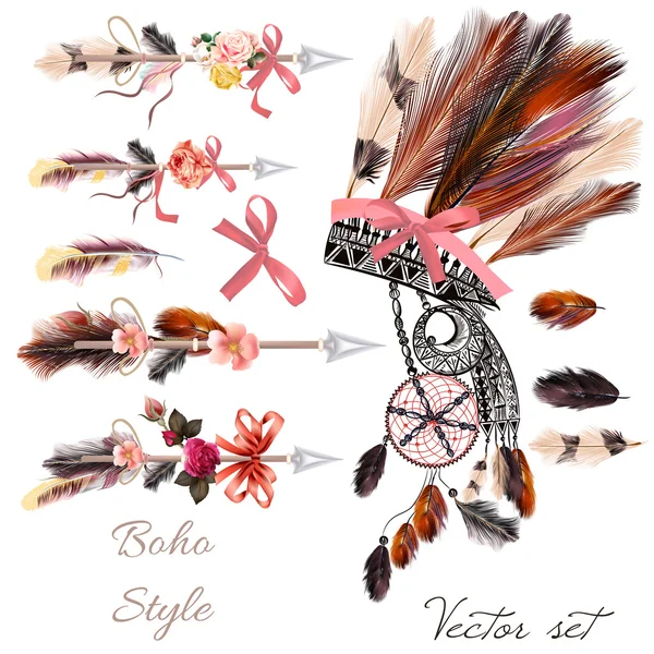 4)	Boho fashion set from vector decorative elements head dress, — Stock Vector